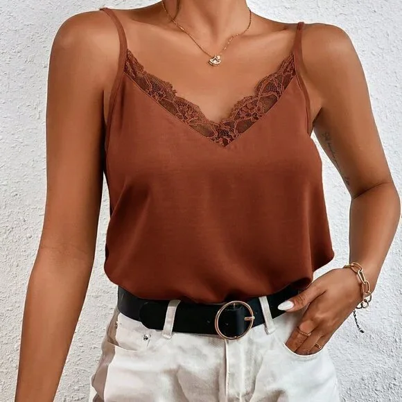 Brown Boho Womens Contrast Lace Cami Top - Picture 4 of 5